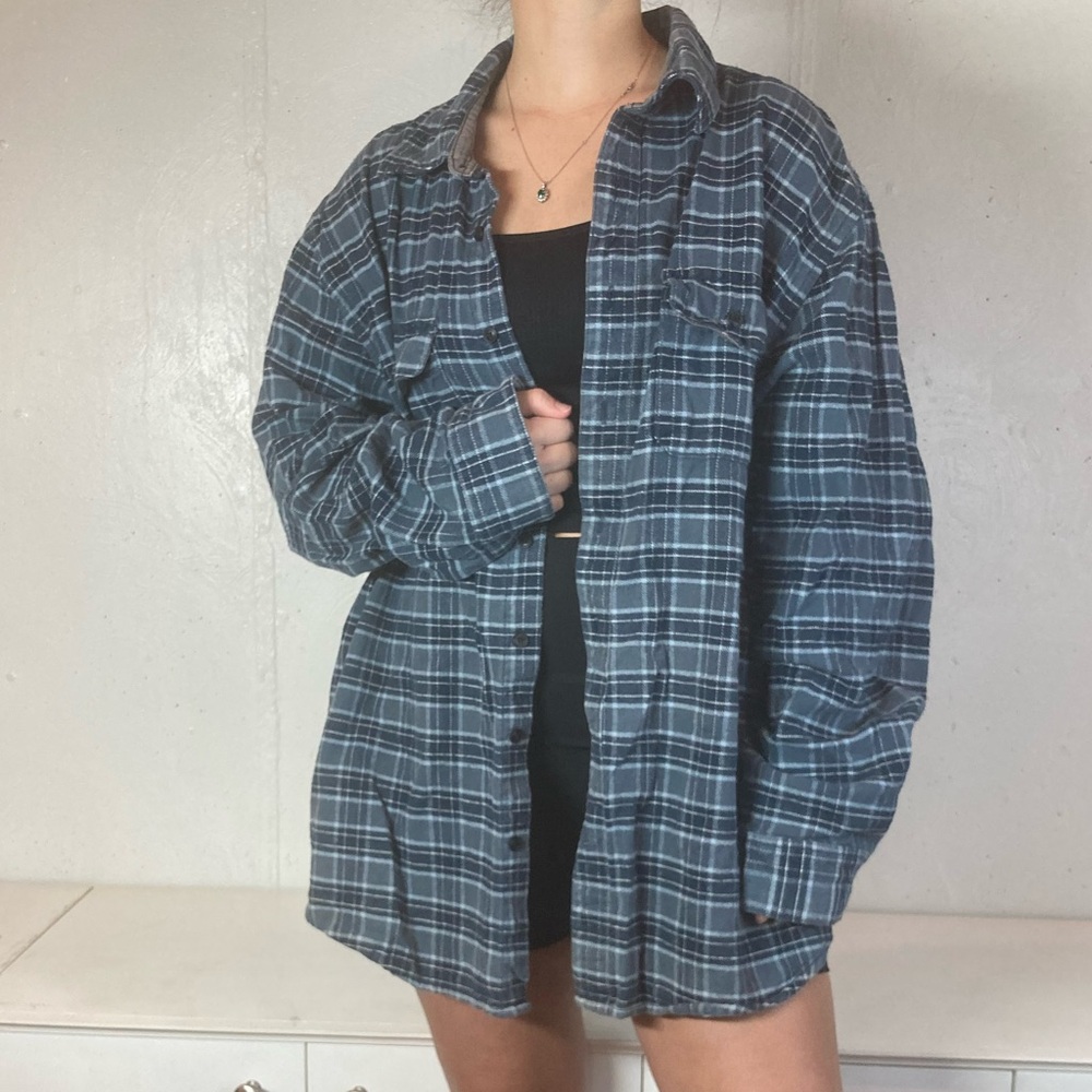 Heavy Black + Gray + White Plaid Flannel Long Sleeve Button Down Shirt